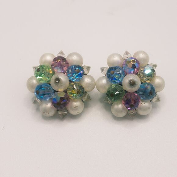 Vintage Round Cluster Earrings Faux Pearl Faceted Beads Pink Blue Fruit Salad - Picture 1 of 6